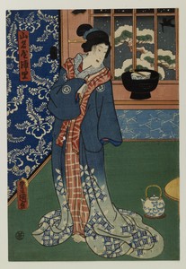 Kasugaya Tokijiro and Yamanaya Urasato by a Hibachi as Snow Falls Outside