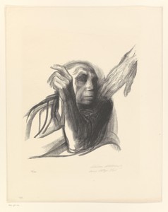 Käthe Kollwitz als oude vrouw met hand op de schouder