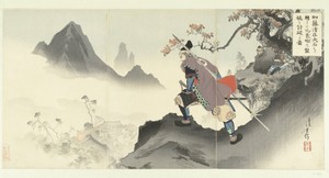Kato Kiyomasa het paleis van Orankai vernietigend en innemend door een rotsblok naar beneden te rollen.