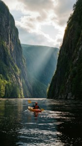 Kayaker in Saguenay Sunrays