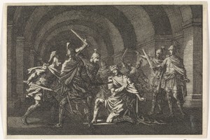 Keizer Caligula in een gewelf door een gewapende bende overvallen en vermoord