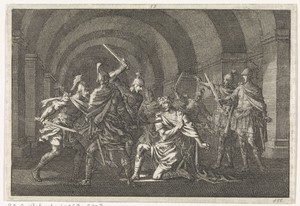Keizer Caligula in een gewelf door een gewapende bende overvallen en vermoord