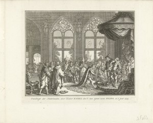 Keizer Karel V draagt het bestuur van de Nederlanden over aan zijn zoon Filips II, 1555