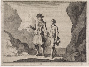 Keizer Maximiliaan met zijn beschermengel in een rotsachtig landschap