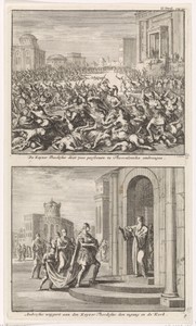 Keizer Theodosius I laat zevenduizend bewoners van Thessaloniki afslachen en de heilige Ambrosius die keizer Theodosius de toegang tot de kerk verbiedt