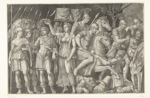 Keizer Trajanus gekroond door Victoria staat naast vrouwelijke personificatie van Rome en Romeinen in gevecht met Daciërs