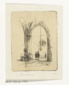 Kerkinterieur met drie figuren