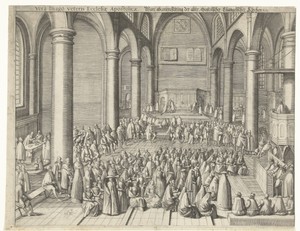 Kerkinterieur met preek, doop en avondmaal
