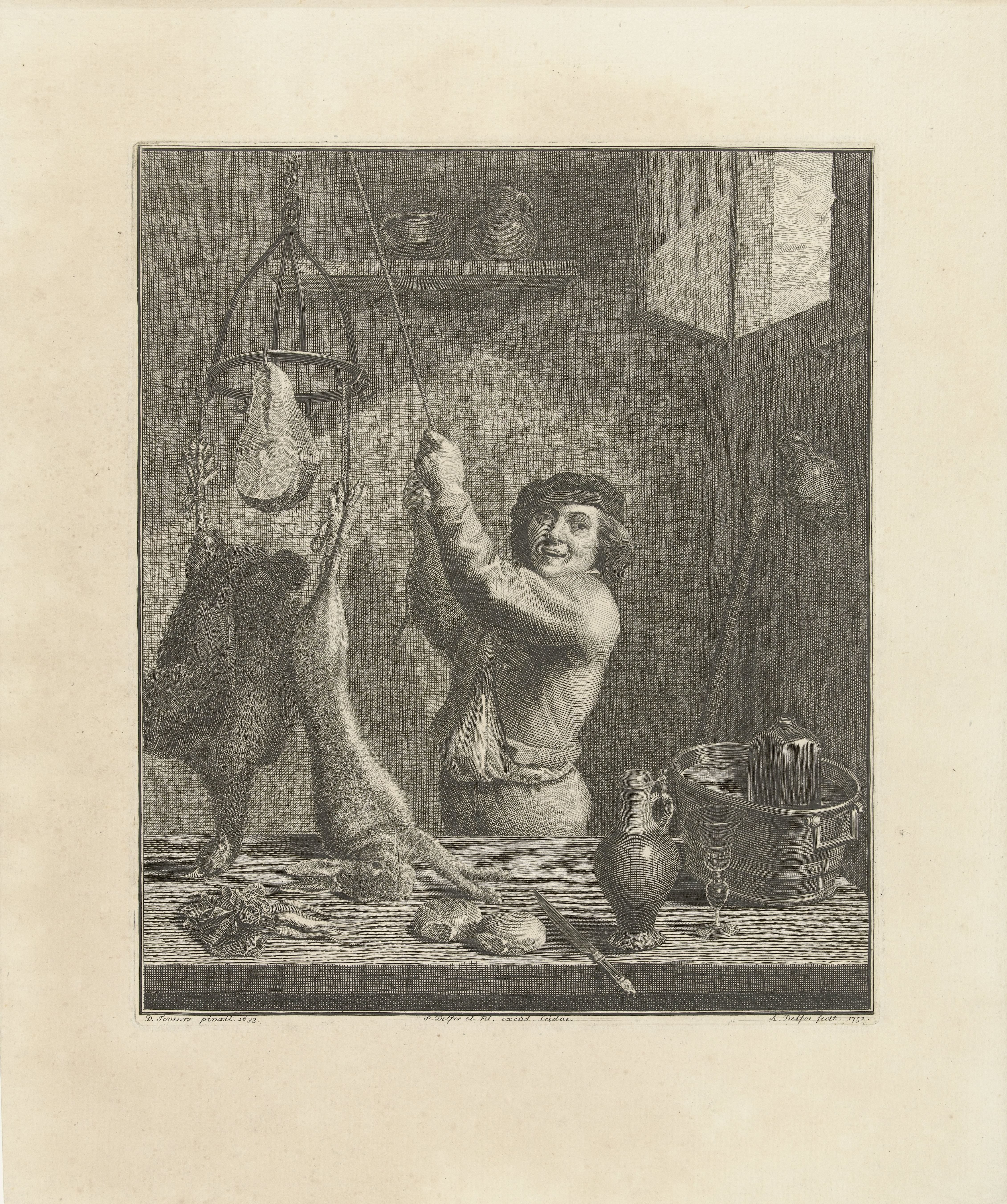 Keukeninterieur met man en jachtbuit by Abraham Delfos
