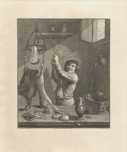 Keukeninterieur met man en jachtbuit