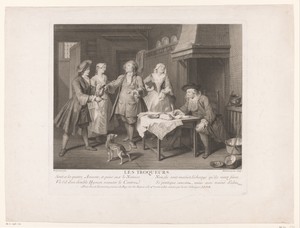 Keukeninterieur met twee mannen en twee vrouwen naast een man aan tafel