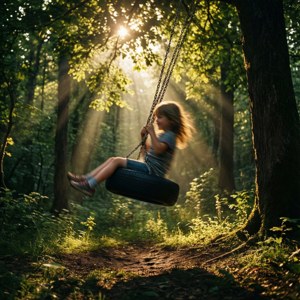 Kid on Tire Swing in Forest