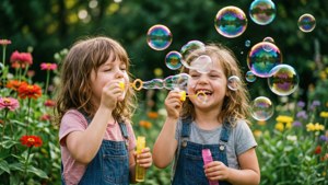 Kids Blowing Bubbles in Garden