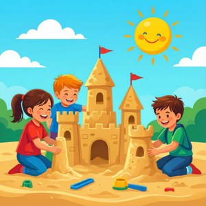 Kids Playing Cartoon Sandbox
