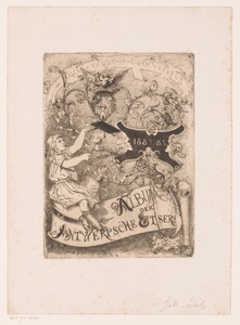 Kind met fakkel en rooster op een cartouche met florale ranken