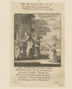 Kind roept haar moeder die bezig is met het wassen van vaatwerk