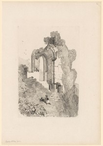 Kind zit met een hond voor een venster van de ruïne van de Easby Abbey