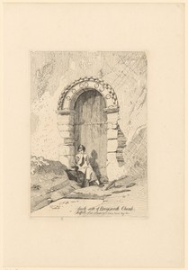 Kind zit voor een poort aan de zuidkant van de kerk van Braiseworth