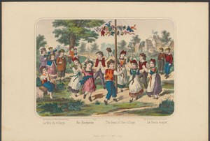 Kinderen spelen bij een meiboom