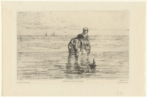 Kinderen spelend met een scheepje aan het strand