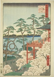 Kiyomizu Hall and Shinobazu Pond at Ueno (Ueno Kiyomizudo Shinobazu no ike), from the series "One Hundred Famous Views of Edo (Meisho Edo hyakkei)"