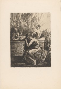 Klassieke voorstelling met mannen rond een sarcofaag