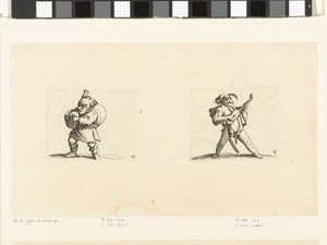Kleine mens (karikatuur) met doedelzak; commedia dell'arte-figuur met gitaar, zwaard en masker