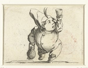 Kleine mens (karikatuur) met fles en glas