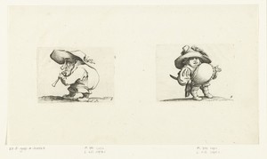 Kleine mens (karikatuur) met fluit (flageolet); kleine mens (karikatuur) met zwaard, een knopenrij op de buik