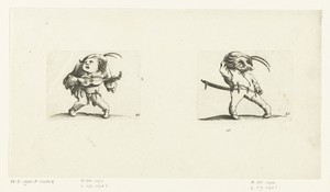 Kleine mens (karikatuur) met gitaar; kleine mens (karikatuur) met zwaard en masker