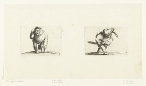 Kleine mens (karikatuur) met kruk en beensteun; kleine mens (karikatuur) met zwaard, in aanvallende houding