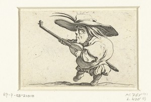 Kleine mens (karikatuur) met luit en zwaard