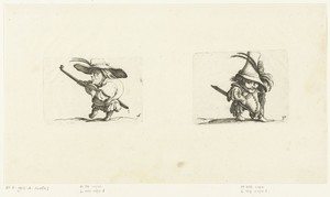 Kleine mens (karikatuur) met luit en zwaard; kleine mens (karikatuur) met zwaard en wandelstok
