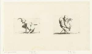 Kleine mens (karikatuur) met mitella, kruk en zwaard; kleine mens (karikatuur) met wandelstok