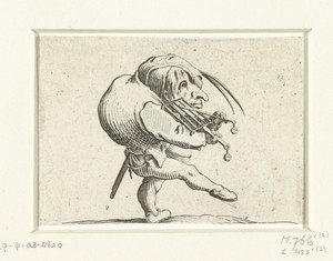 Kleine mens (karikatuur) met rooster en zwaard