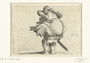 Kleine mens (karikatuur) met zwaard, een knopenrij op de rug