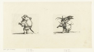 Kleine mens (karikatuur) met zwaard, een knopenrij op de rug; kleine mens (karikatuur) met viool en zwaard
