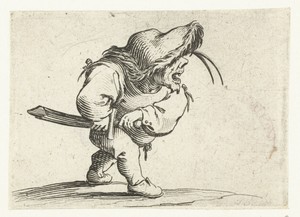 Kleine mens (karikatuur) met zwaard, in aanvallende houding