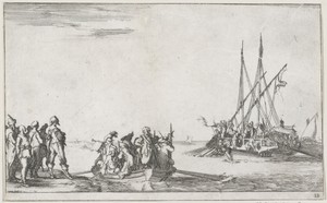 Kleine sloep met mannen vaart naar galeischip