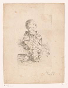 Kleuter met wandelstok, zittend in een landschap