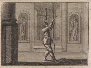 Klokkengieter luidt een klok waarvan de klepel op zijn hoofd valt