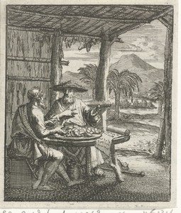 Kluizenaar en zijn bezoeker zitten in een open hut aan tafel