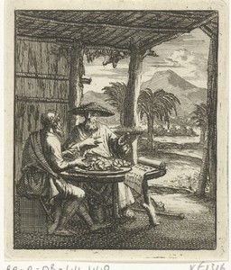 Kluizenaar en zijn bezoeker zitten in een open hut aan tafel