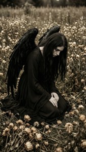 Kneeling Dark Angel in Wilted Field