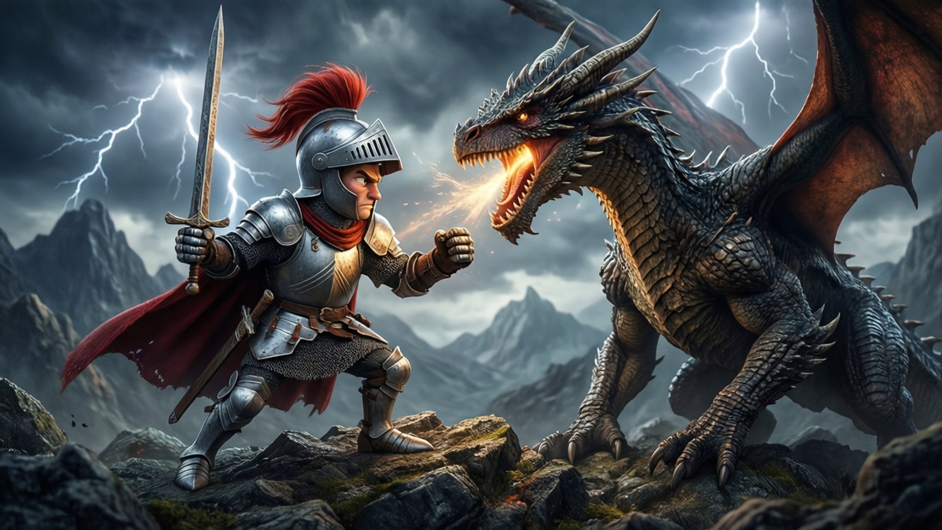 Knight vs Dragon Peak by Wallpapers.art Studio