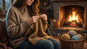 Knitting Sweater by Fireplace