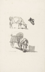 Koe, een koeienkop en een paard met wagen