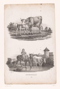 Koe met kalf en herdersjongen met koeien te paard