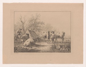 Koeien en een schaap bij een hut