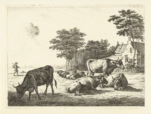 Koeien en schapen liggend in weide voor boerderij